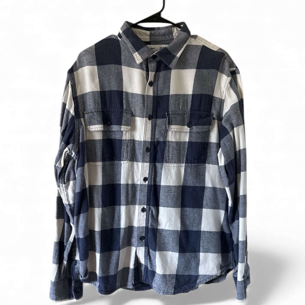 Old Navy Men’s Regular Fit Built in Flex Blue White Checkered Flannel Shirt L